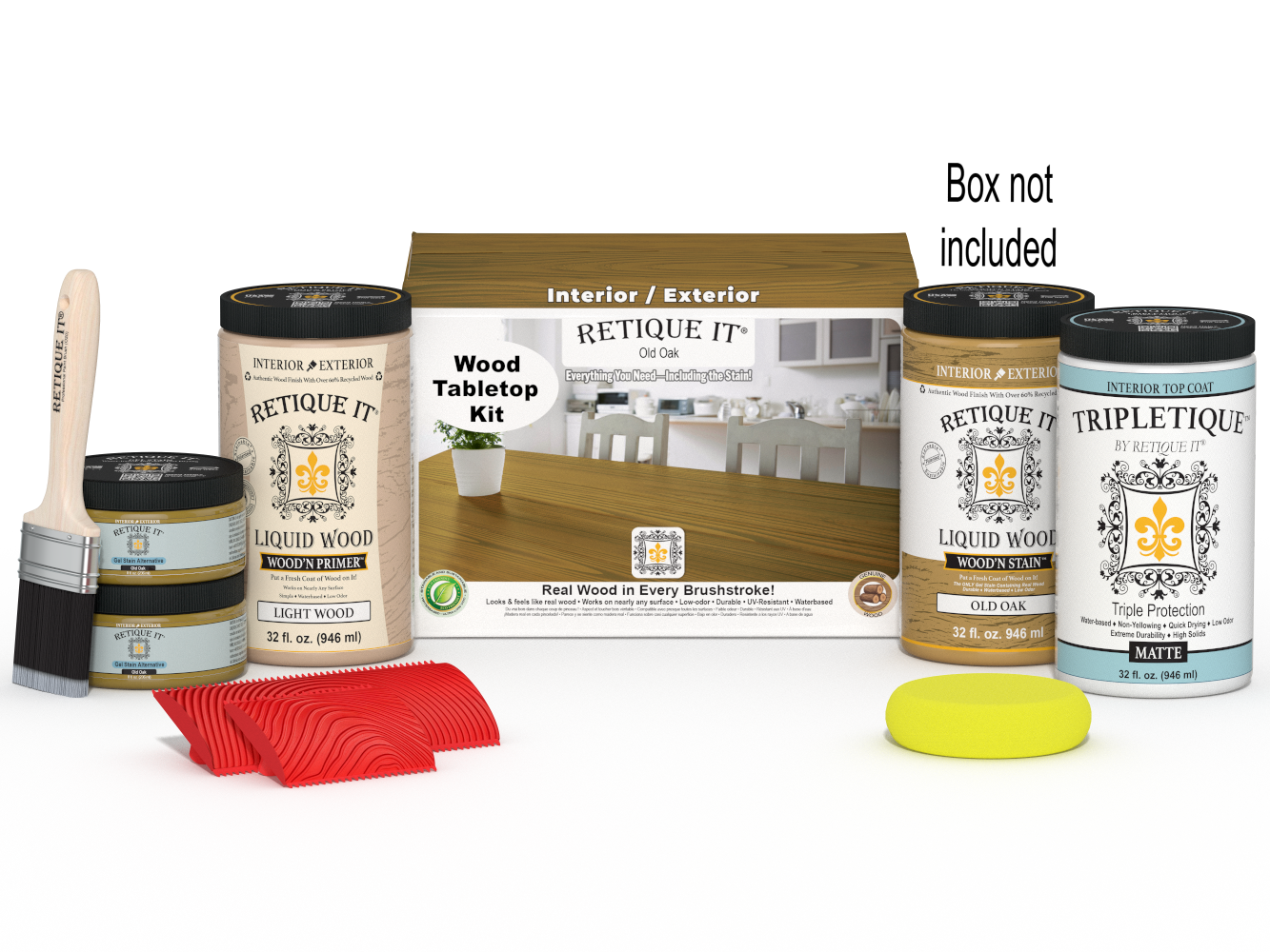 Retique It® Wood'n Finish Kit with four large Old Oak stains for tabletops, showcasing wood stain bottles and packaging.