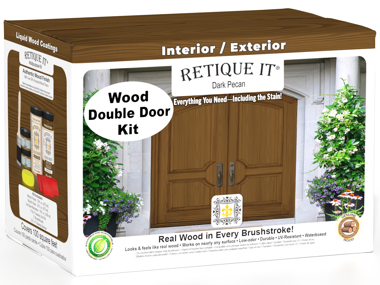 Retique It® Wood'n Finish Dark Pecan front door kit for double doors with stain finish, showing the stained wood surface and door panels.