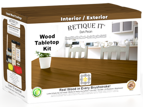 Retique It® Wood'n Finish Kit with four dark pecan stain bottles, ideal for tabletop wood finishing projects.