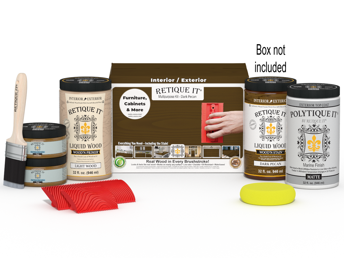 Large Dark Pecan Wood'n Kit exterior top coat by Retique It® for multi-purpose wood finishing, shown in a box with applicator tools.