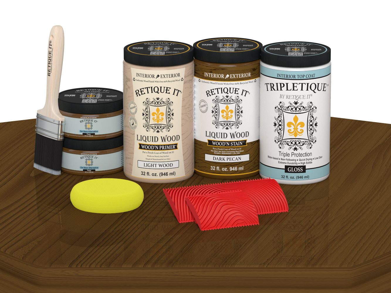 Retique It® Wood'n Finish Kit with four dark pecan stain bottles, featuring glossy wood stain on a tabletop.