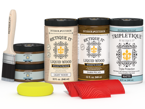 Retique It® Wood'n Finish Kit in Dark Pecan stain, four large stain bottles with matte finish for wood furniture.
