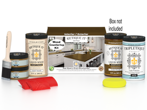 Retique It® dark pecan countertop kit with stain and applicator tools for full kitchen renovation, shown with box and sample application.