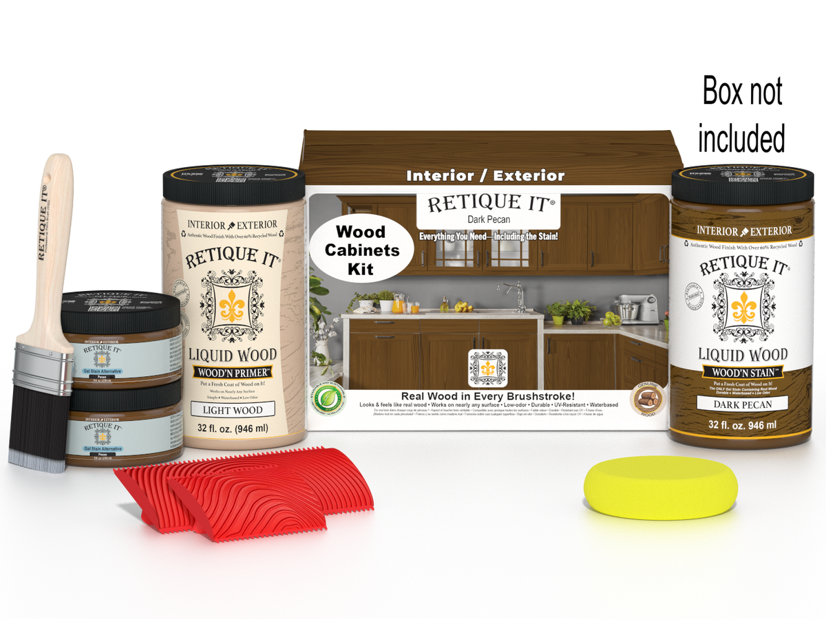 Retique It® Wood'n Cabinet Kit in Dark Pecan stain showing 12 grained cabinet doors with dark wood finish.