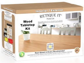 Retique It® Wood'n Finish Kit in Pickled Oak with four large stain bottles for tabletop wood finishing projects.