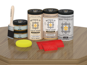 Large Retique It Wood'n Kit in Pickled Oak finish with gloss exterior top coat, including brushes and finishing tools.