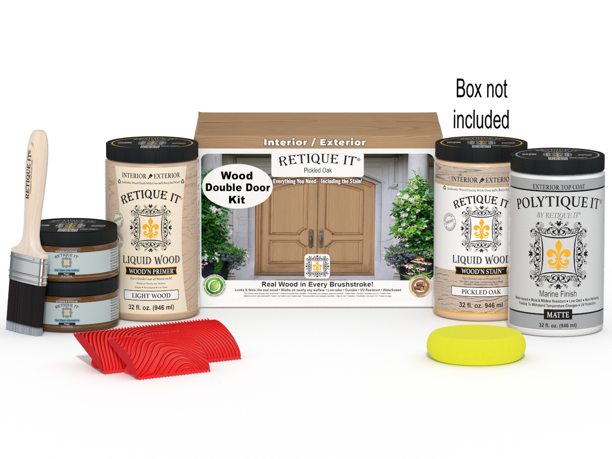 Double front door kit by Retique It® in Pickled Oak stain, showcasing the stained wood finish and packaging for the Wood'n Finish product.
