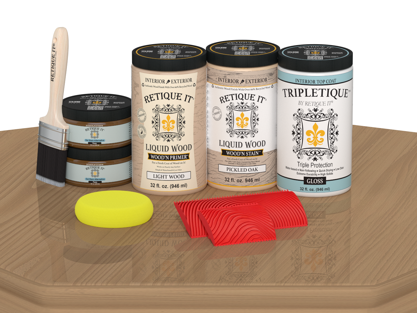 Glossy Pickled Oak wood stain kit by Retique It® with four large bottles for tabletop wood finishing.