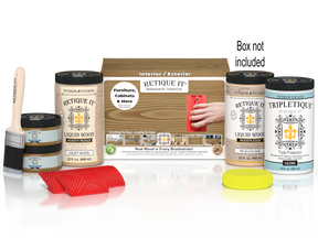 Large Retique It® Wood'n Finish Kit in Pickled Oak with exterior top coat, includes brushes and tools for wood finishing.