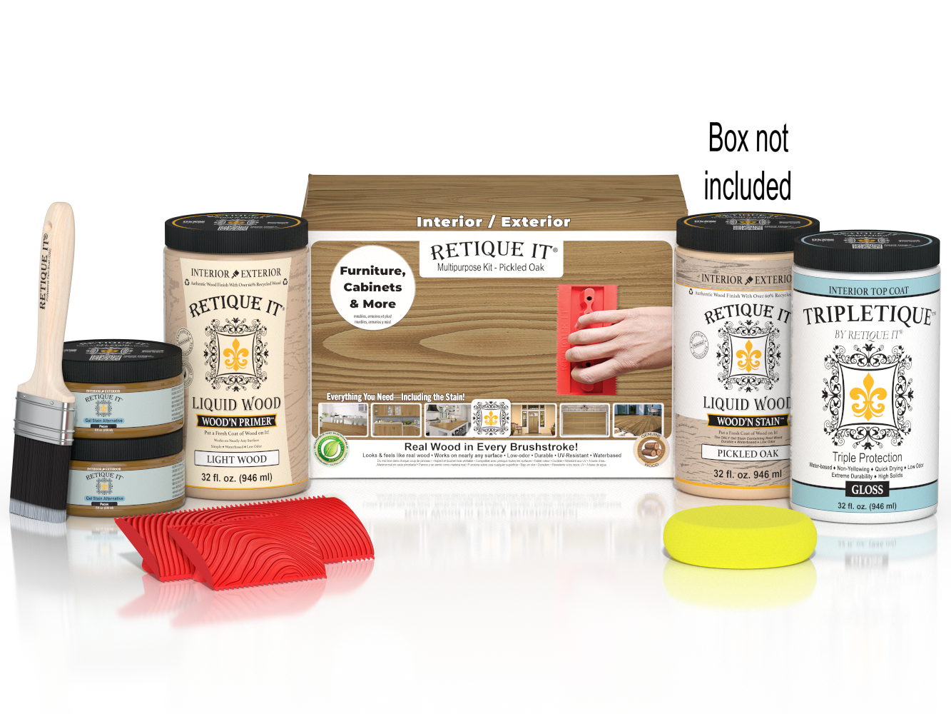 Large Multi-purpose Wood'n Kit by Retique It® in Pickled Oak finish, includes top coat and application tools for wood refinishing.