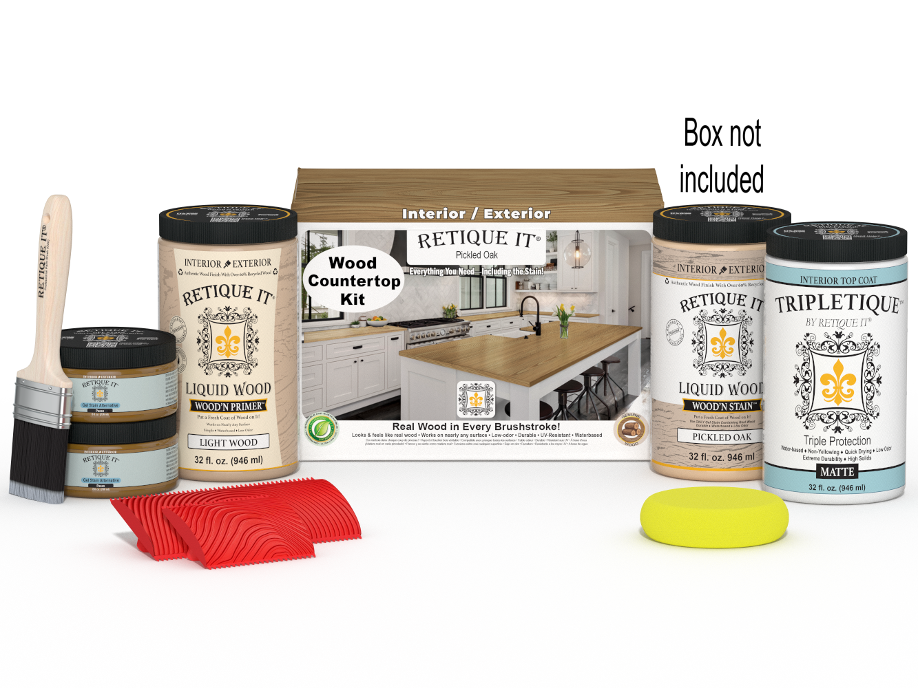 Retique It® Pickled Oak countertop kit stain showing sample swatch and packaging for full kitchen renovation.