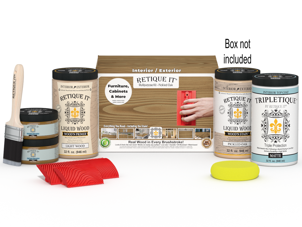 Large Wood'n Kit by Retique It® in Pickled Oak for interior top coating, includes wood finish supplies and tools.