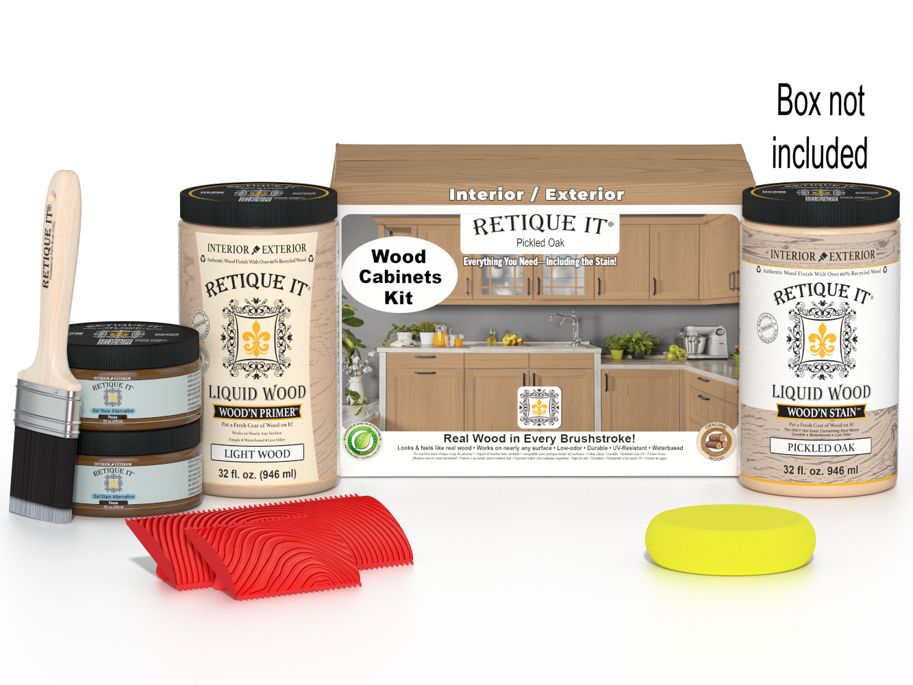 Retique It Wood'n Cabinet Kit with 12 pickled oak grained cabinet doors and stain options, showcasing natural wood textures.