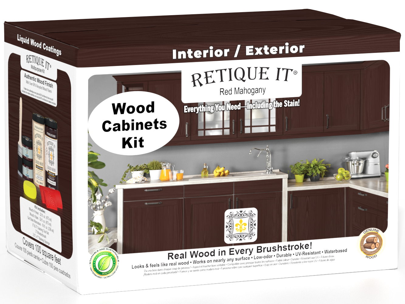 Retique It® Wood'n Cabinet Kit with 12 red mahogany stained grained cabinet doors, showcasing natural wood texture and rich color.