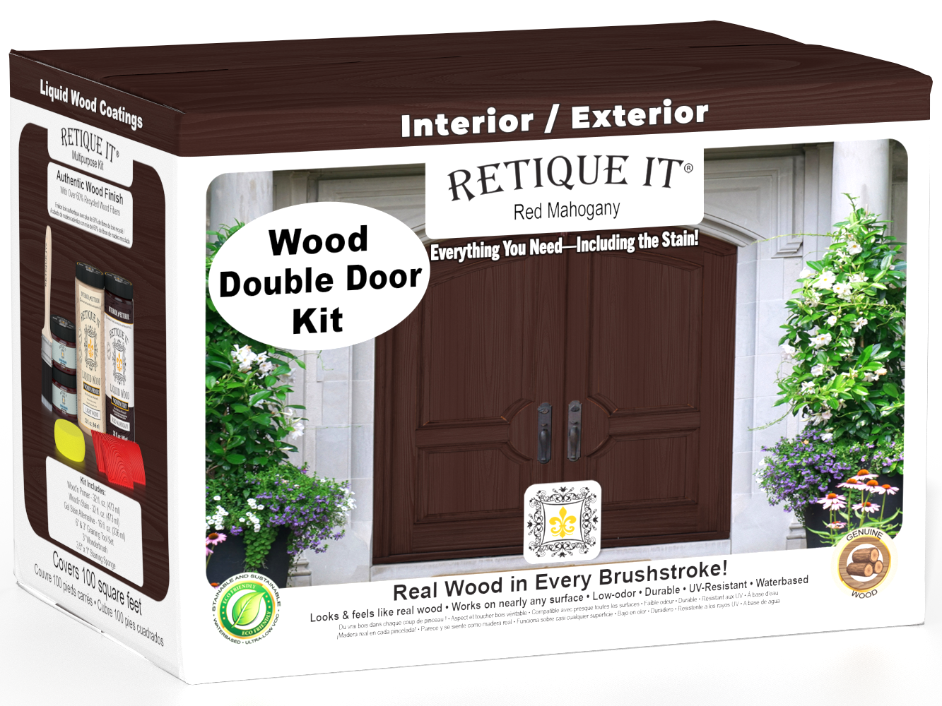 Double red mahogany stained wood front door kit by Retique It® with natural wood grain and decorative panels.