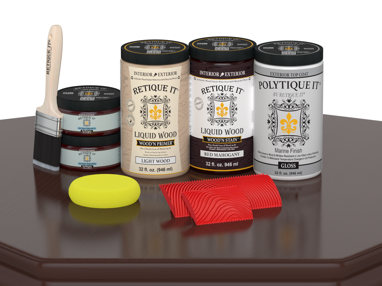Large Red Mahogany Wood'n Finish Kit by Retique It® with exterior top coat and gloss finish, including wood finish tools and supplies.