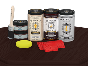 Retique It® Wood'n Finish front door kit in Red Mahogany stain, featuring a double door with matte finish on a table.