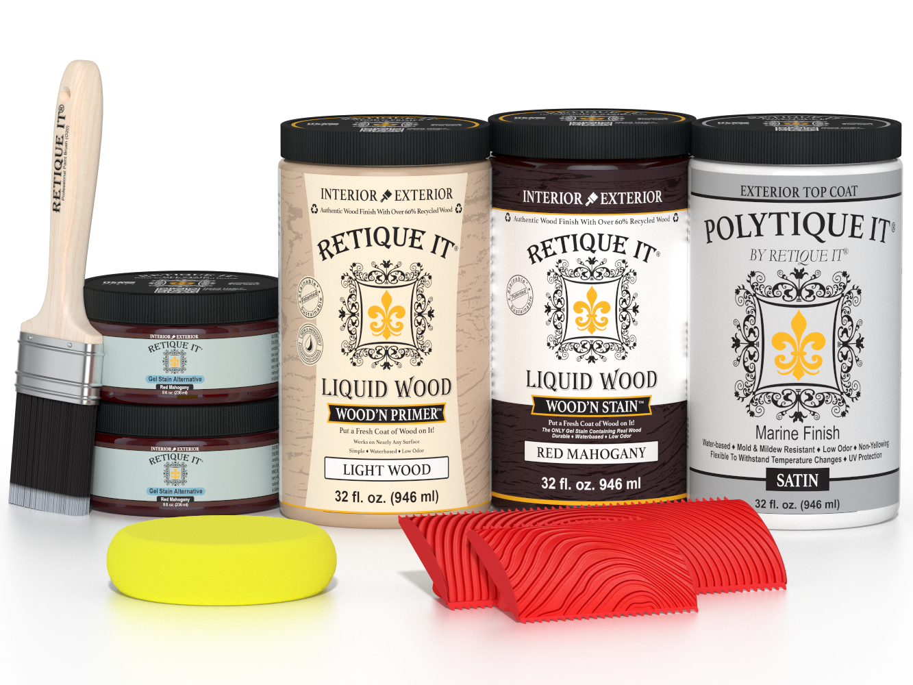 Large Red Mahogany Wood'n Finish Kit by Retique It® for exterior top coat, includes satin wood finish components.