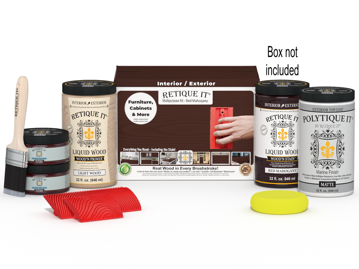 Large Red Mahogany Wood'n Finish Kit by Retique It® for exterior top coating, includes tools and product in box.