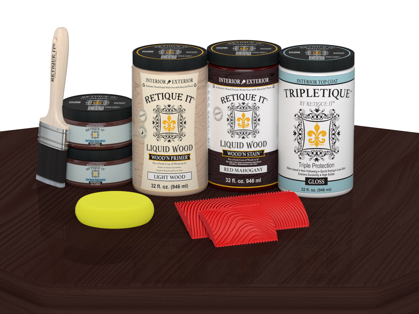Retique It® red mahogany countertop kit stain applied on a kitchen table with a glossy finish, highlighting the rich wood color.