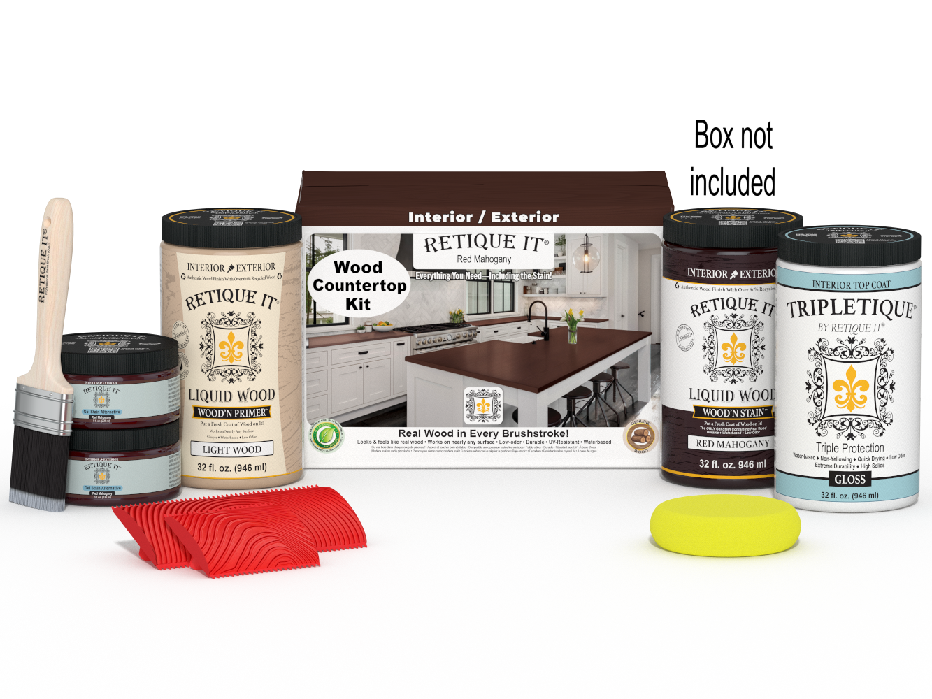 Retique It® red mahogany countertop kit with stain, featuring a full kitchen countertop appearance and natural wood grain detail.
