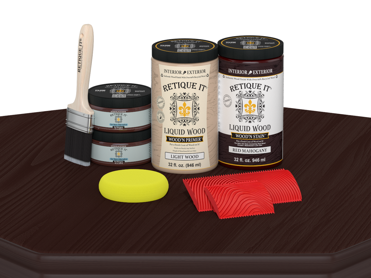 Retique It® Wood'n Cabinet Kit with 12 red mahogany stained cabinet doors and grain details, displayed on a table.