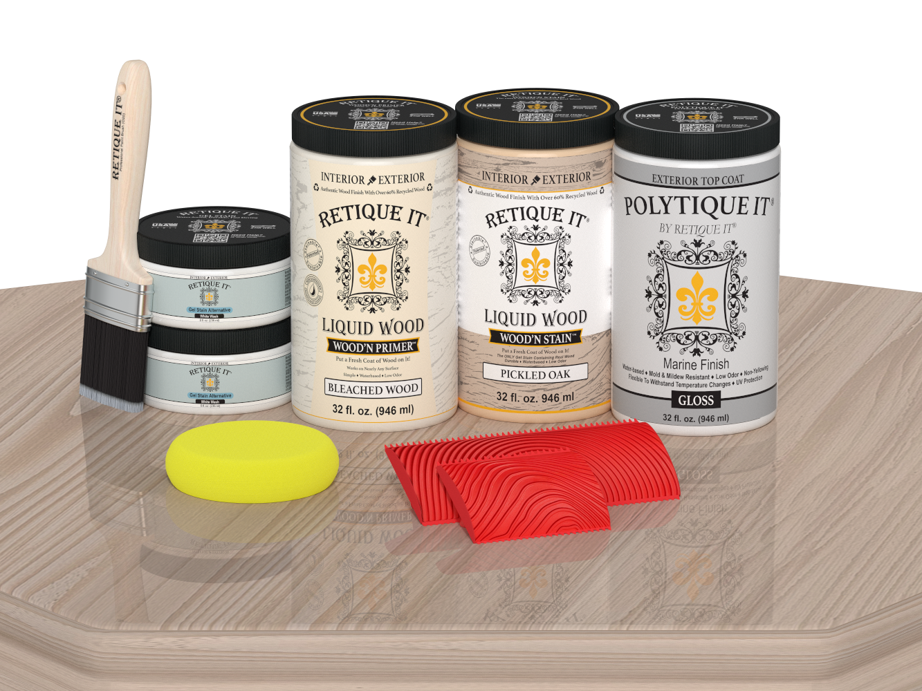 Retique It Wood'n Finish Front Door Kit (Double) in Sun Bleached, with gloss finish and wood grain details on a table.