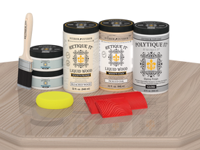 Retique It Wood'n Finish Front Door Kit (Double) in Sun Bleached, with gloss finish and wood grain details on a table.