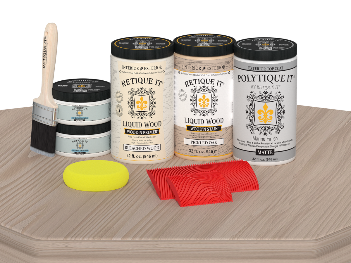Large Sun Bleached Wood'n Kit by Retique It® for exterior wood finishing with matte top coat, displayed on a table.