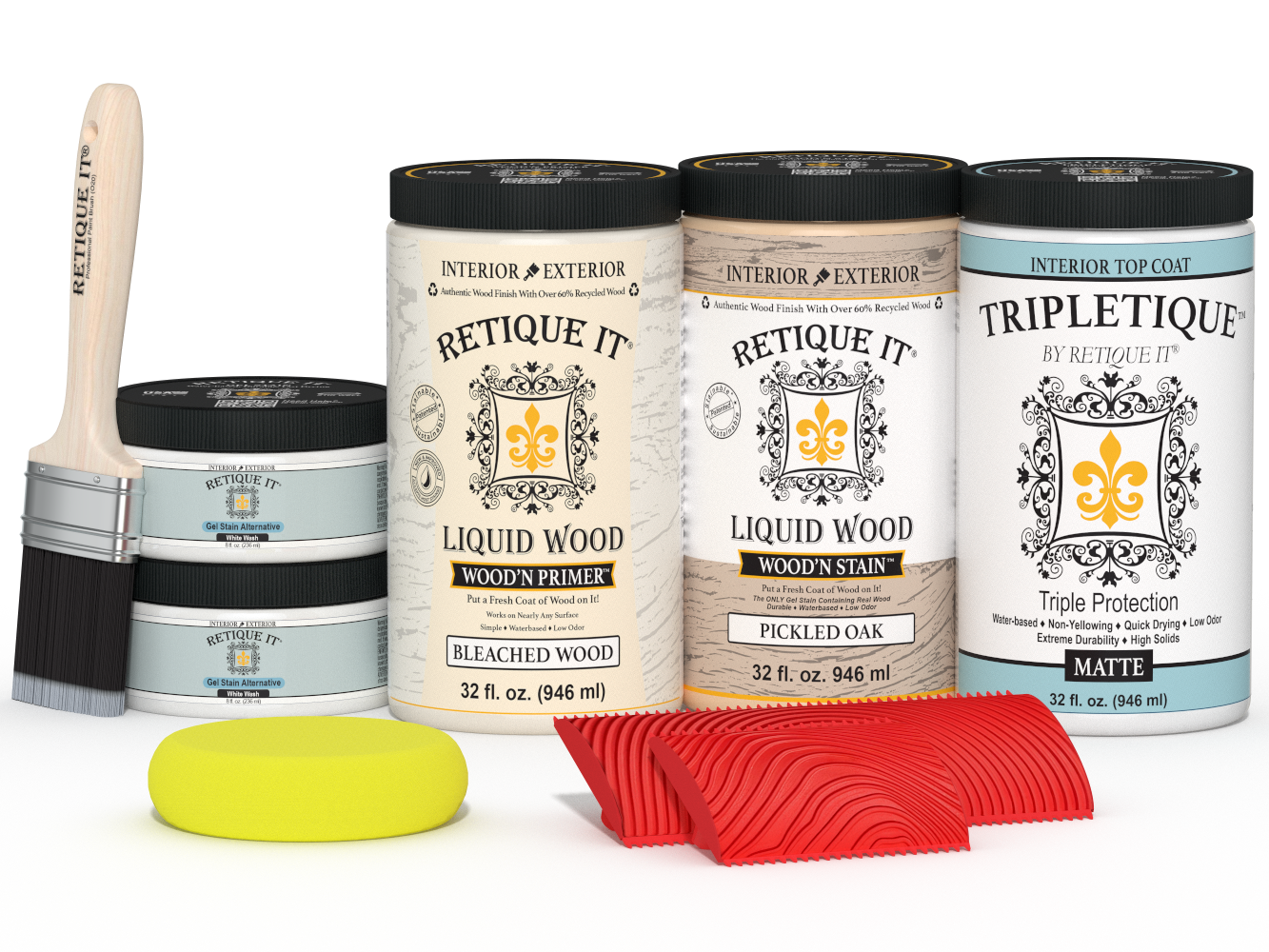 Retique It® Wood'n Finish Kit, Sun Bleached, 4-piece tabletop wood finish set with matte finish, ideal for furniture restoration.