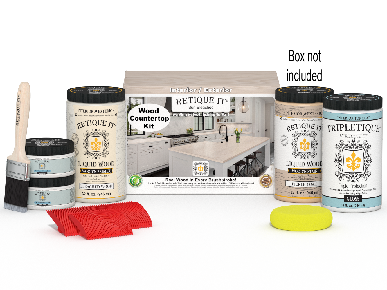 Retique It® Sun Bleached Wood'n Finish countertop kit for full kitchen renovation, includes wood finish products and tools.