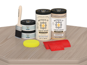 Retique It Wood'n Finish Front Door Kit (Double) in Sun Bleached color, displayed on table with wood grain details.