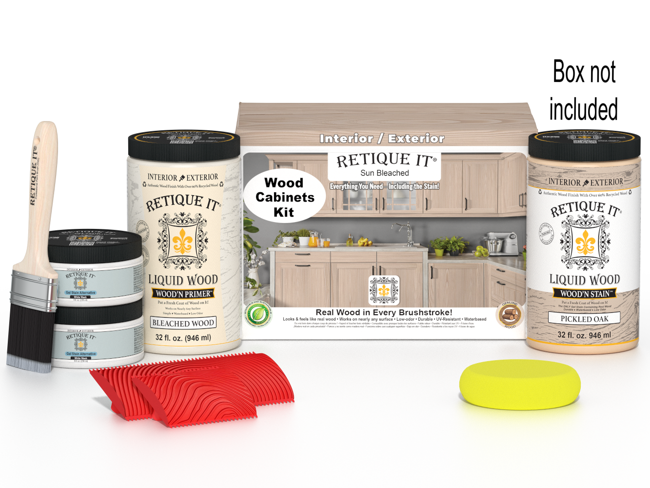 Sun-bleached Wood'n Cabinet Kit by Retique It® with 12 grained cabinet doors and finishing supplies, shown with packaging.