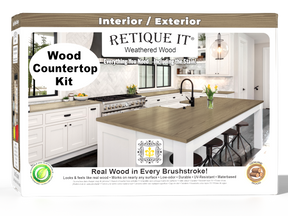 Weathered wood countertop kit by Retique It® featuring stains, shown in a 3D box view for full kitchen installation.