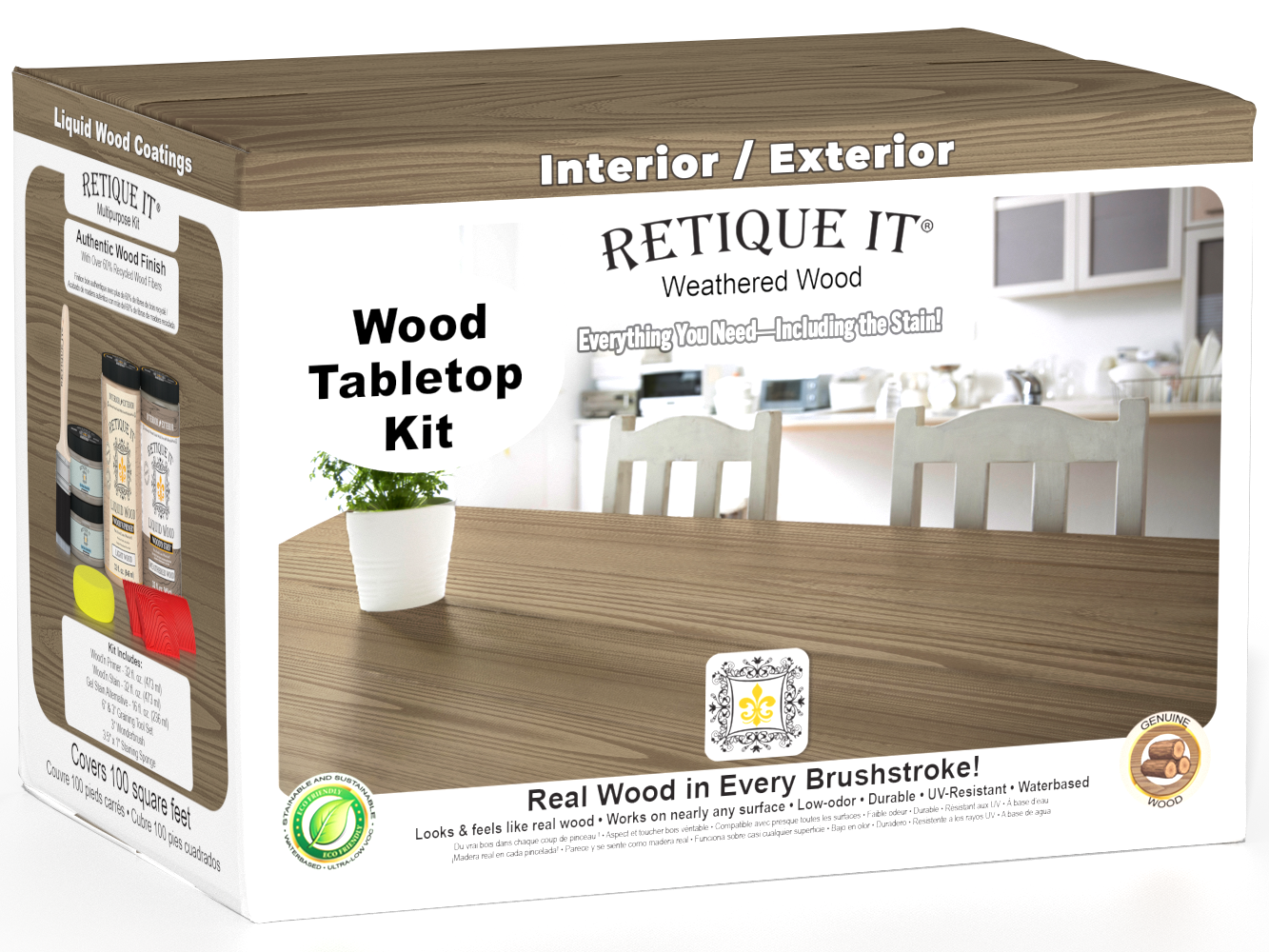 Retique It® Wood'n Finish Kit with four large weathered wood stains for tabletop furniture.