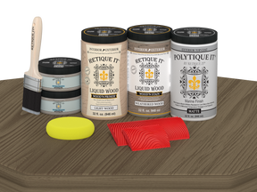 Retique It® Wood'n Finish front door kit in Weathered Wood stain, double door with matte finish on a table.