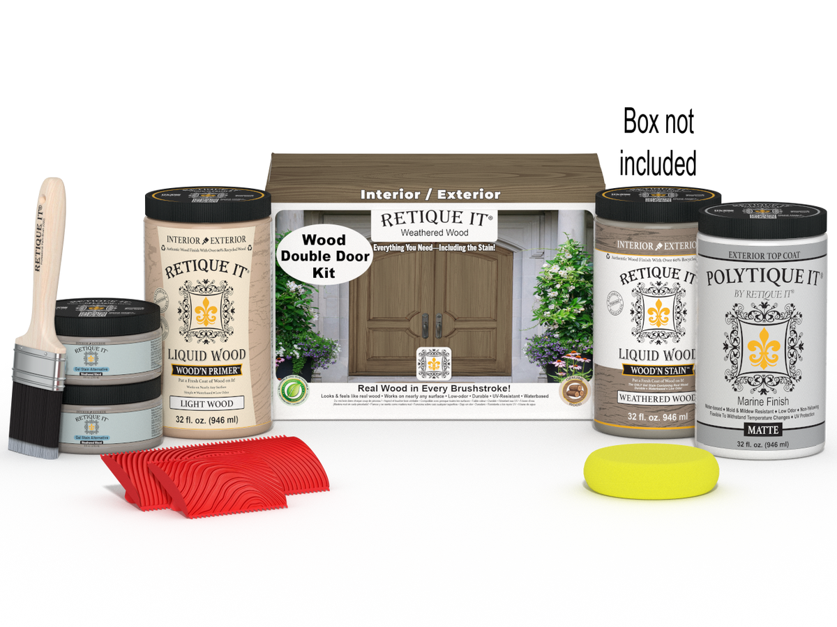 Double front door kit with weathered wood stain by Retique It®, featuring a natural wood finish and protective coating.