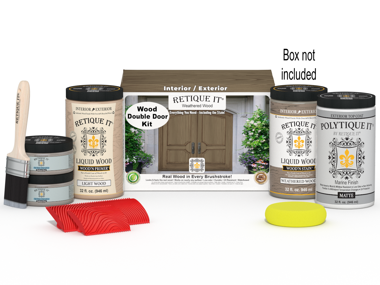 Double front door kit with weathered wood stain by Retique It®, featuring a natural wood finish and protective coating.
