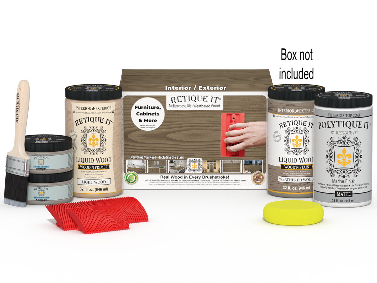 Large Weathered Wood Multi-purpose Wood'n Kit by Retique It® with exterior top coat, featuring weathered wood finish and application tools.
