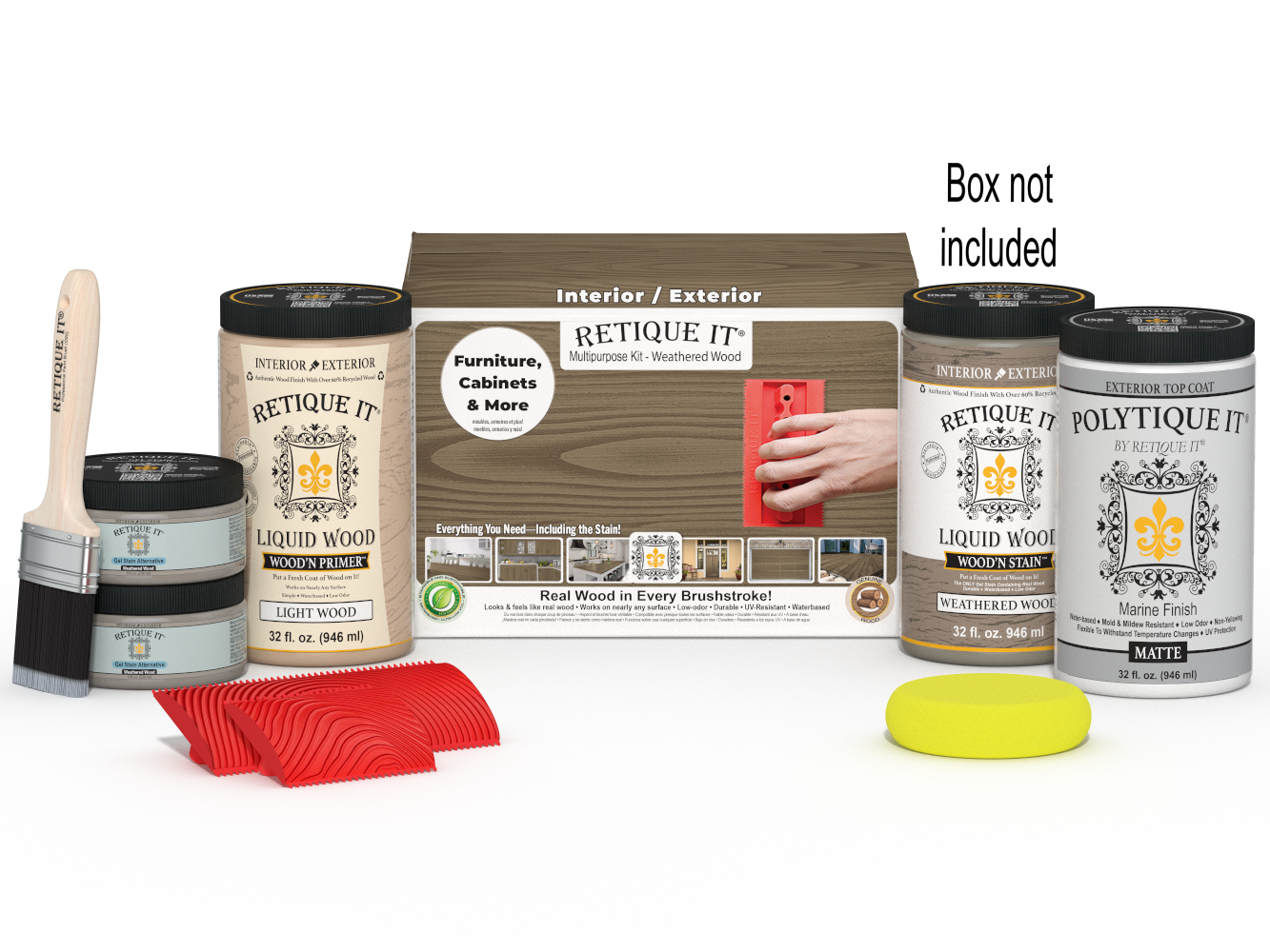 Large Weathered Wood Multi-purpose Wood'n Kit by Retique It® with exterior top coat, featuring weathered wood finish and application tools.