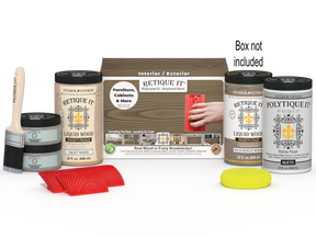 Large Weathered Wood Multi-purpose Wood'n Kit by Retique It® with exterior top coat, featuring weathered wood finish and application tools.