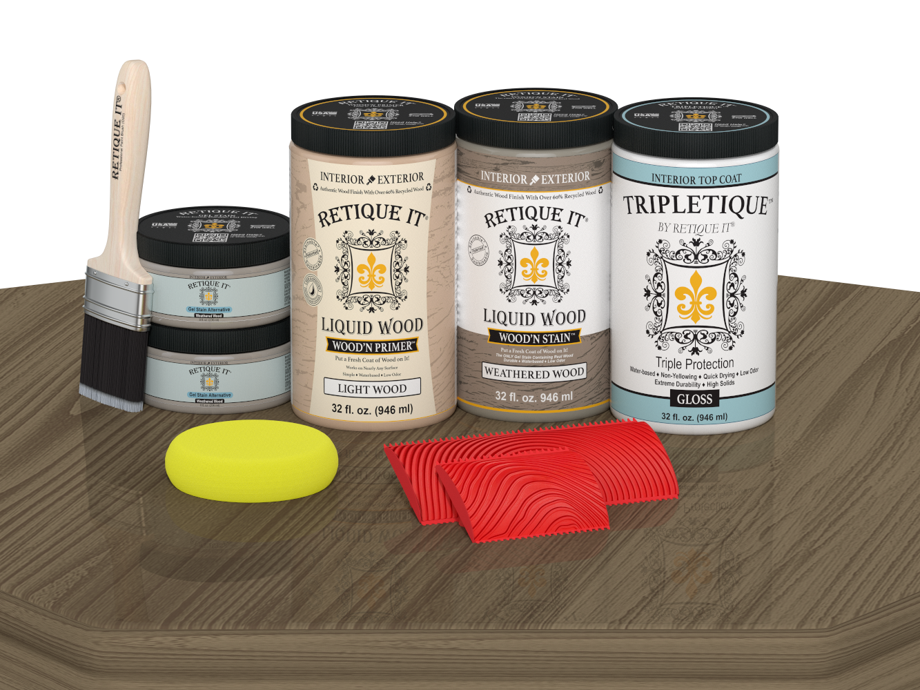 Retique It® Wood'n Cabinet Kit with 12 weathered wood grain stain doors, glossy finish, displayed on a table.