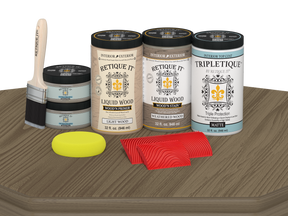 Retique It® Wood'n Kit Large Weathered Wood interior top coat kit with matte finish, featuring weathered wood texture and application tools.