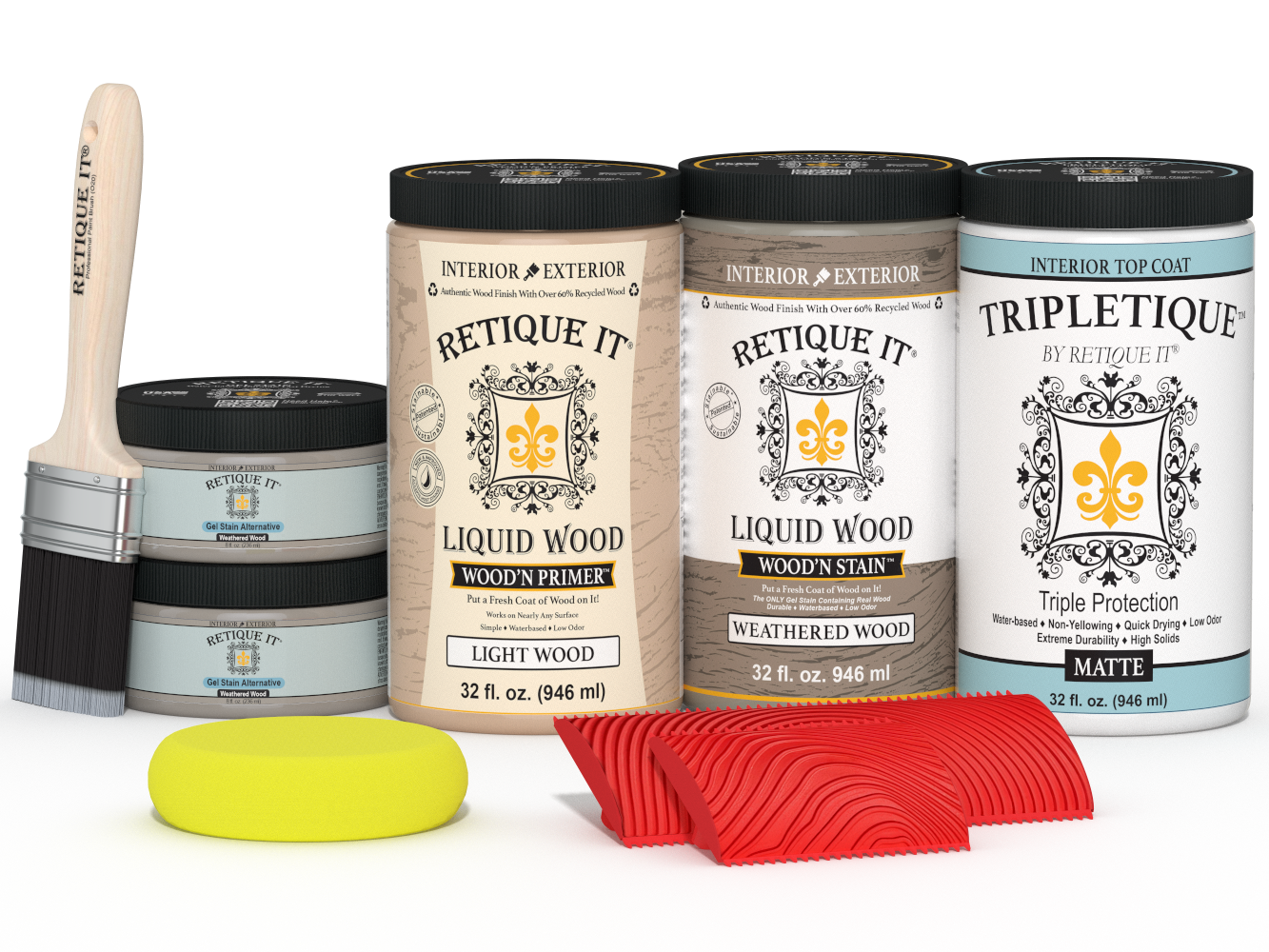 Retique It® Wood'n Finish Kit with four large weathered wood stains, matte finish, for tabletop wood refinishing.