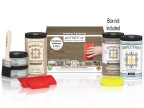 Large Weathered Wood Multi-purpose Wood'n Kit by Retique It® with interior top coat and finishing supplies, showing the kit contents in the box.