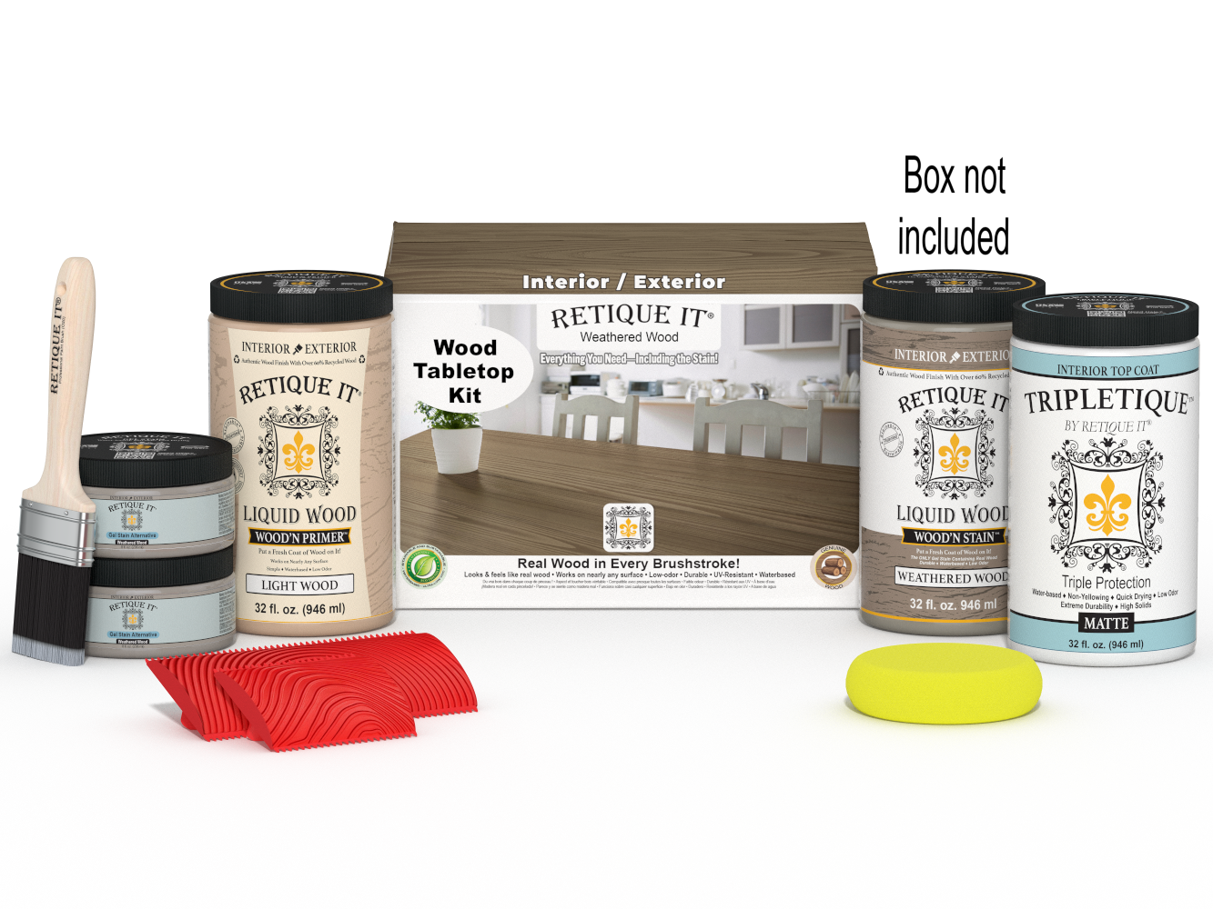 Retique It® Wood'n Finish Kit with four large weathered wood stains for tabletop furniture restoration.