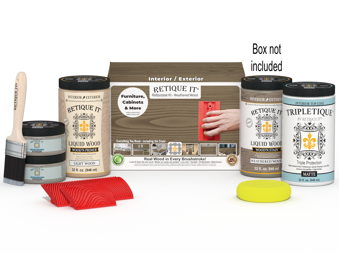 Large Weathered Wood Multi-purpose Wood'n Kit by Retique It® with interior top coat and finishing supplies in a box.