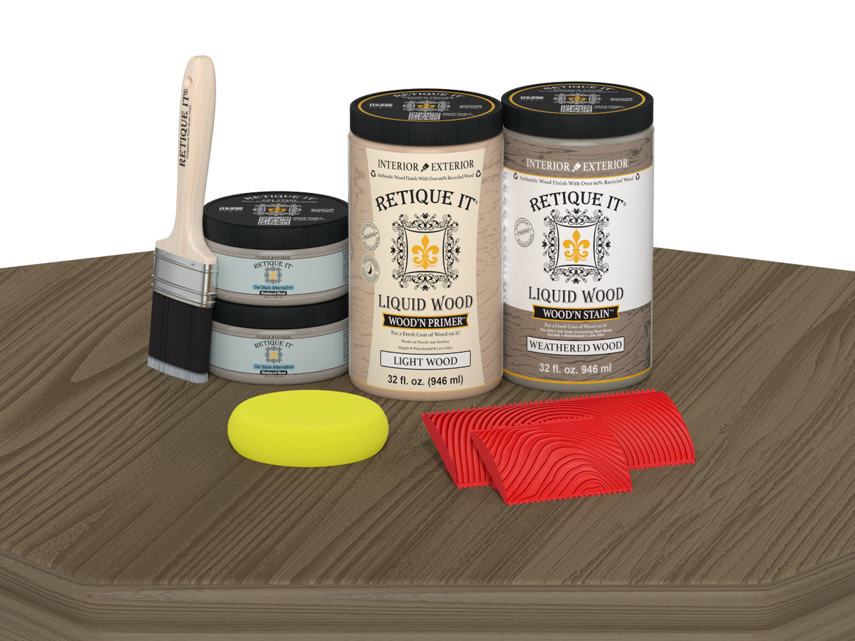 Retique It® Wood'n Cabinet Kit with weathered wood stain, featuring 12 grained cabinet doors on a table display.