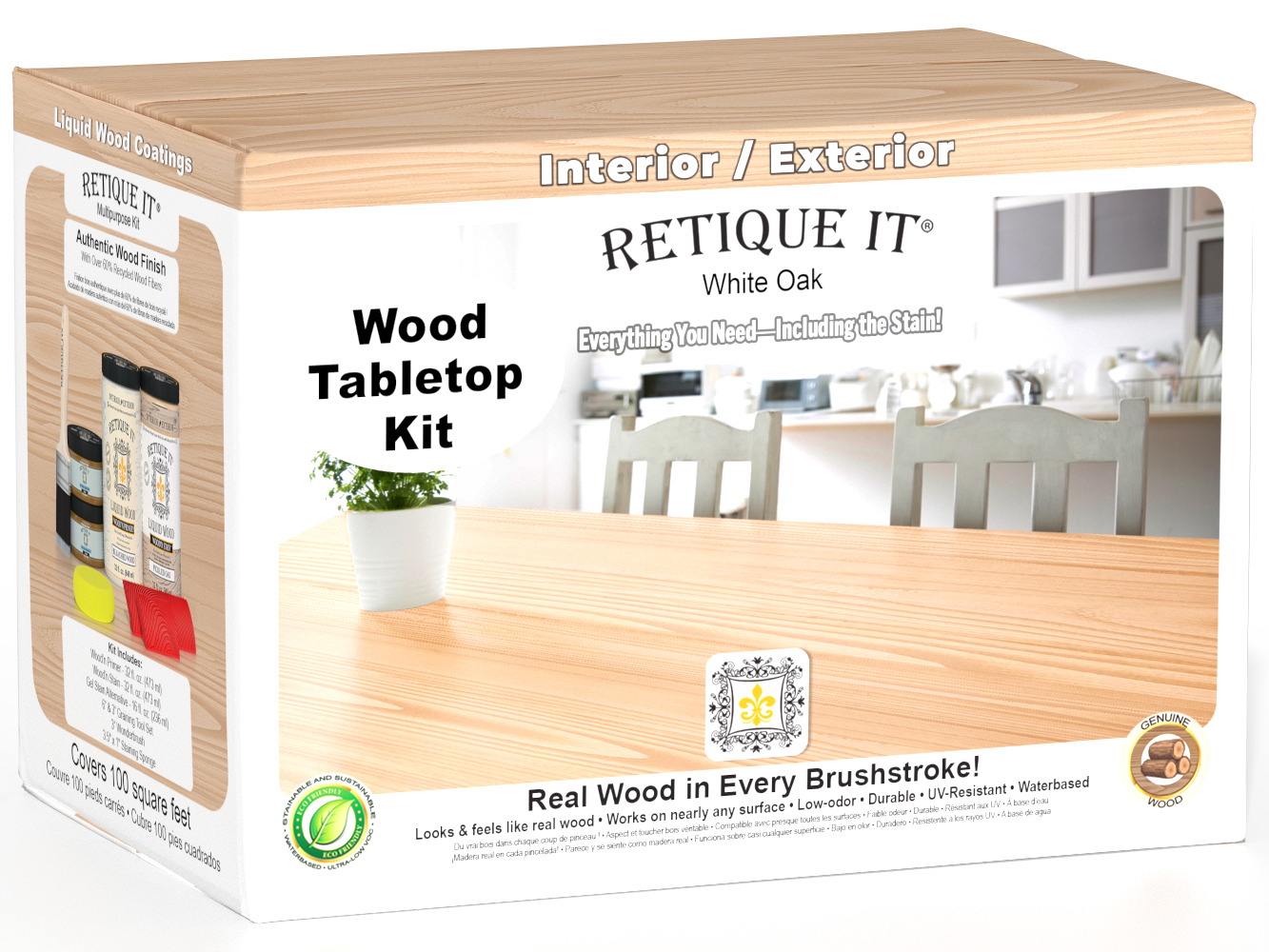 Retique It® Wood'n Finish Kit with four large white oak stain bottles for tabletop furniture finishing.