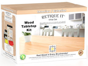 Retique It® Wood'n Finish Kit with four large white oak stain bottles for tabletop furniture finishing.
